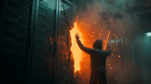 Person confronting fire and explosion in a data center server room.