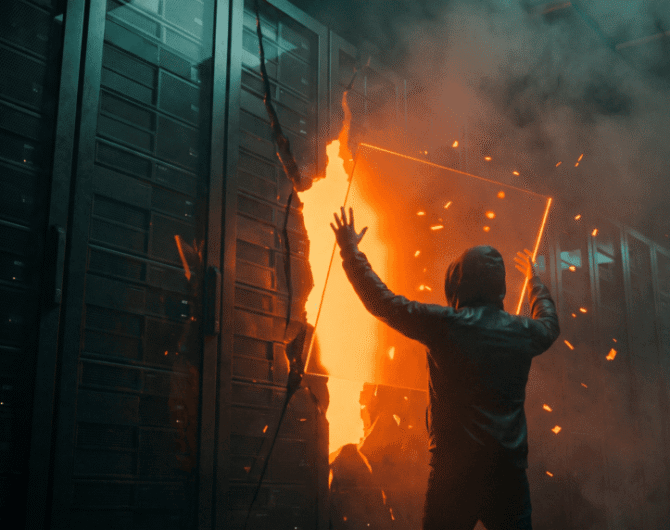 Person confronting fire and explosion in a data center server room.