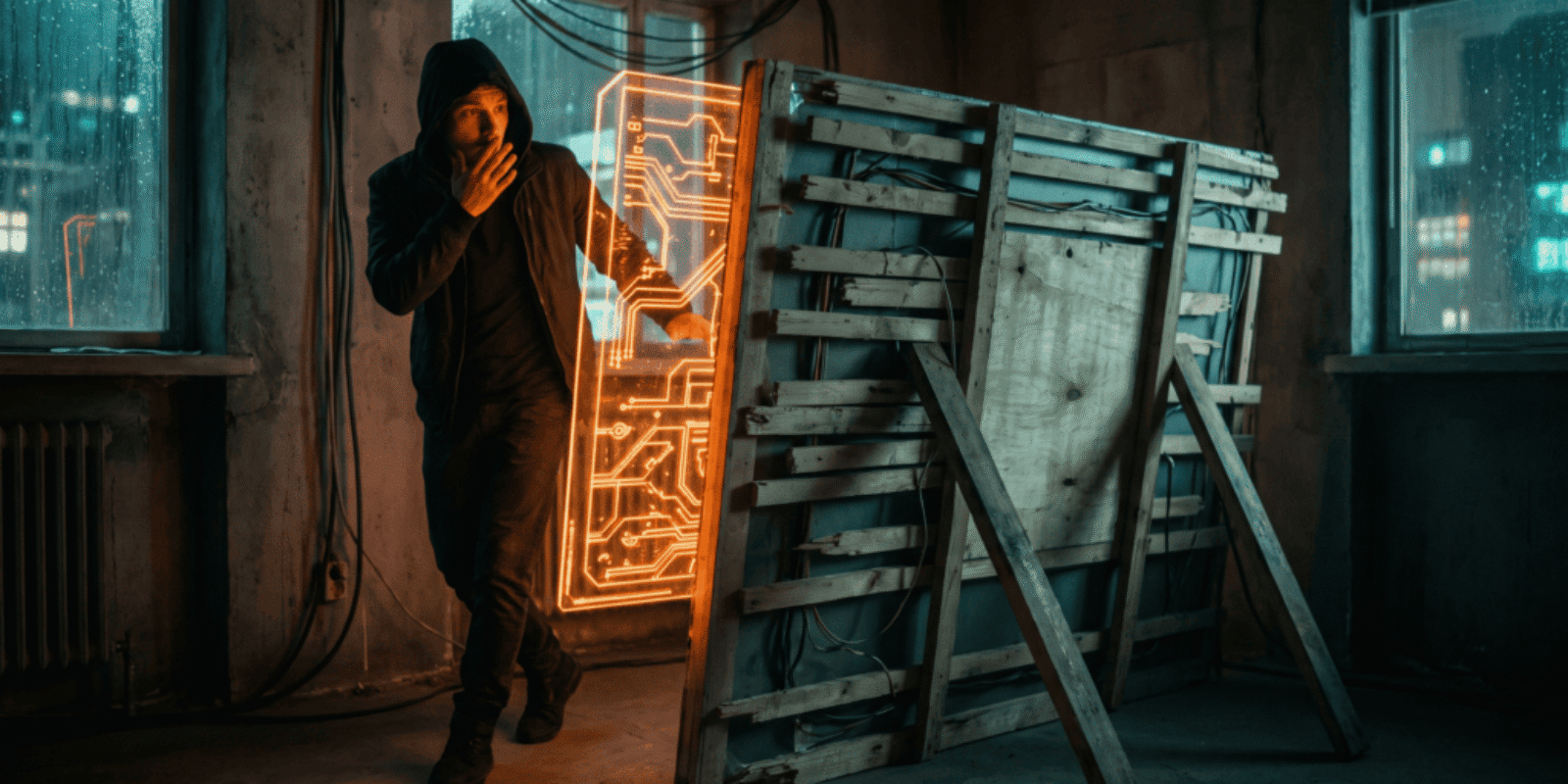 Hacker in a dark room with digital circuit hologram and wooden barricade.