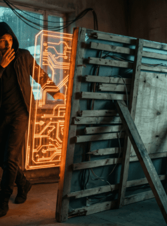Hacker in a dark room with digital circuit hologram and wooden barricade.