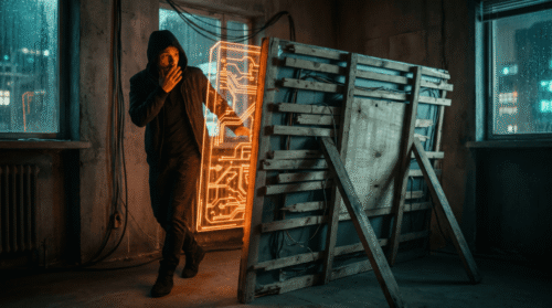 Hacker in a dark room with digital circuit hologram and wooden barricade.