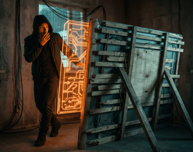 Hacker in a dark room with digital circuit hologram and wooden barricade.