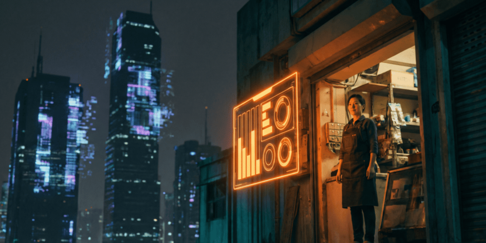 Woman standing outside a shop with neon AI graphics in a city at night.