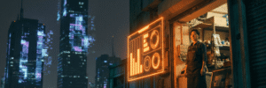 Woman standing outside a shop with neon AI graphics in a city at night.