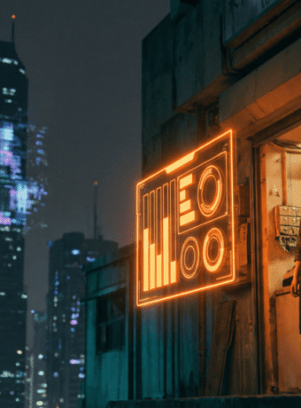 Woman standing outside a shop with neon AI graphics in a city at night.