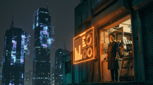 Woman standing outside a shop with neon AI graphics in a city at night.