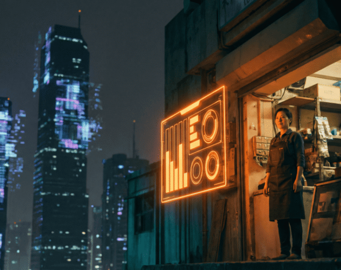 Woman standing outside a shop with neon AI graphics in a city at night.