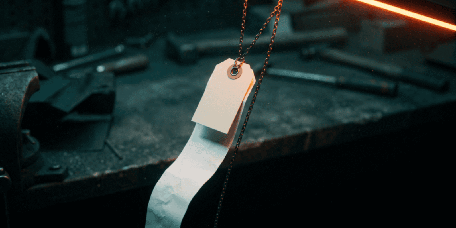 A blank price tag hanging on a chain above a workbench with a long paper receipt unspooling into shadow, illustrating the real cost of AI software for small business