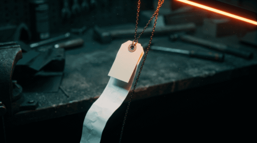 A blank price tag hanging on a chain above a workbench with a long paper receipt unspooling into shadow, illustrating the real cost of AI software for small business