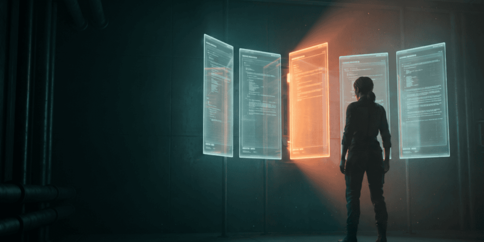 Person analyzing digital holograms of data in a high-tech environment.