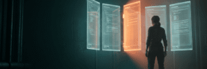 Person analyzing digital holograms of data in a high-tech environment.