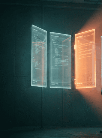 Person analyzing digital holograms of data in a high-tech environment.