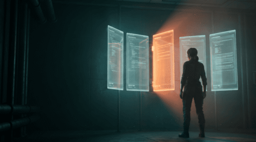 Person analyzing digital holograms of data in a high-tech environment.