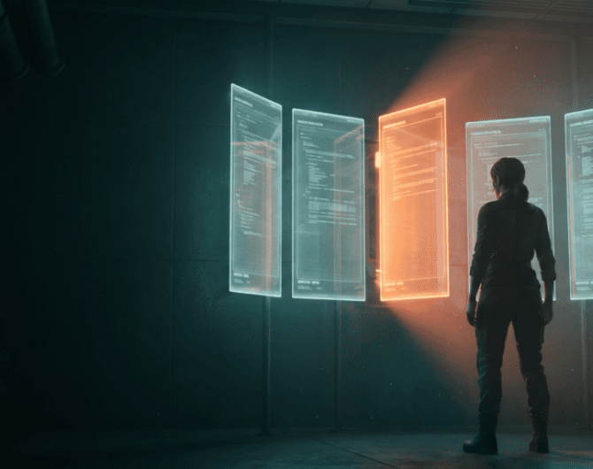 Person analyzing digital holograms of data in a high-tech environment.