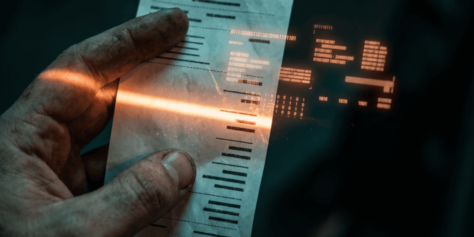 Close-up of hand holding a digital receipt with holographic data overlay.