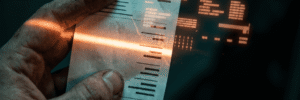 Close-up of hand holding a digital receipt with holographic data overlay.
