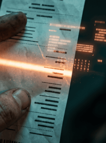 Close-up of hand holding a digital receipt with holographic data overlay.