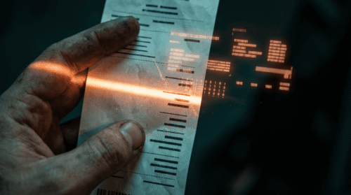 Close-up of hand holding a digital receipt with holographic data overlay.