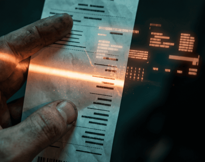 Close-up of hand holding a digital receipt with holographic data overlay.