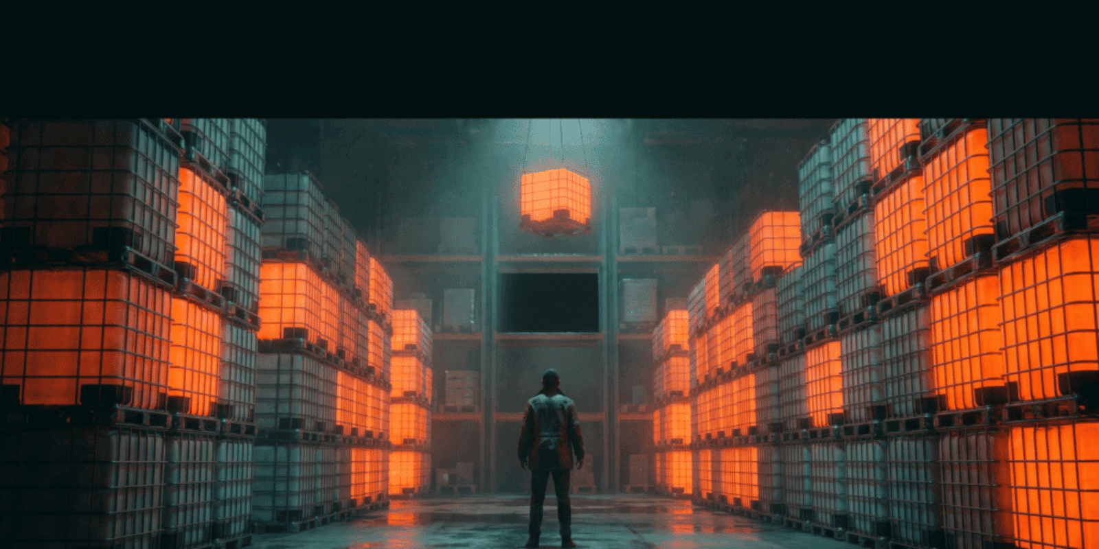 Person standing in front of glowing orange data storage units in a high-tech warehouse.