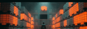 Person standing in front of glowing orange data storage units in a high-tech warehouse.
