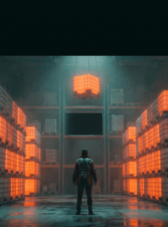 Person standing in front of glowing orange data storage units in a high-tech warehouse.