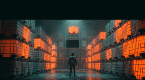 Person standing in front of glowing orange data storage units in a high-tech warehouse.