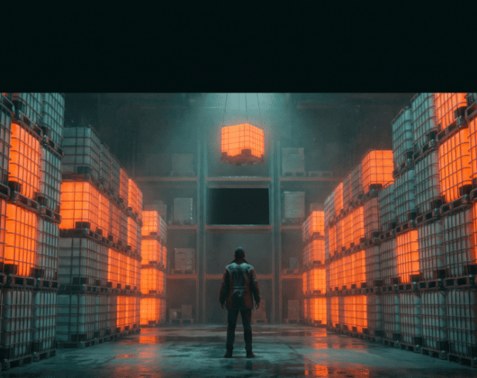 Person standing in front of glowing orange data storage units in a high-tech warehouse.