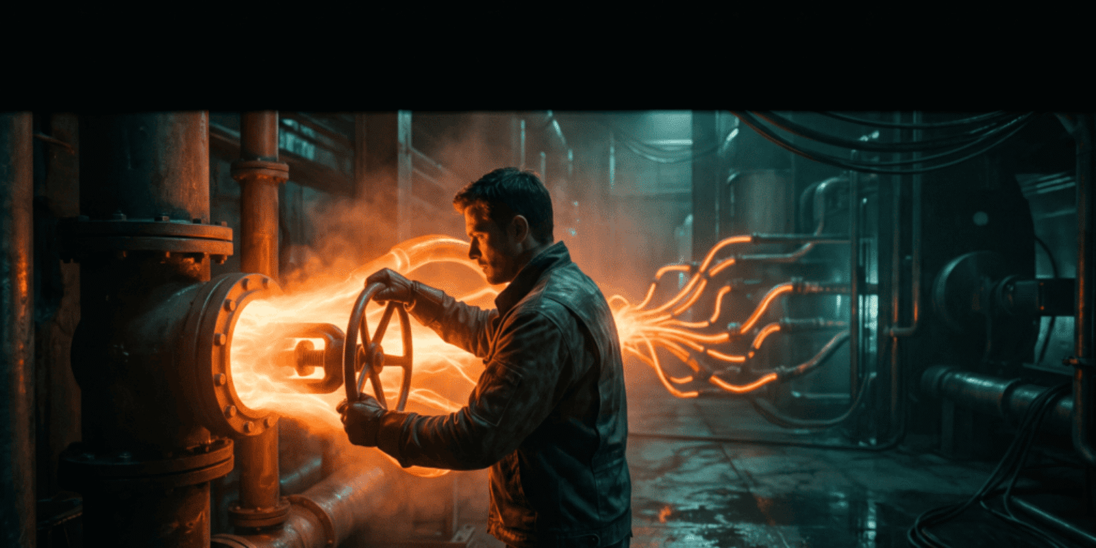 Industrial worker inspecting machinery with glowing pipes and sparks in factory setting.