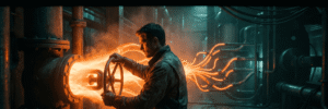 Industrial worker inspecting machinery with glowing pipes and sparks in factory setting.