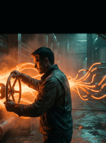 Industrial worker inspecting machinery with glowing pipes and sparks in factory setting.