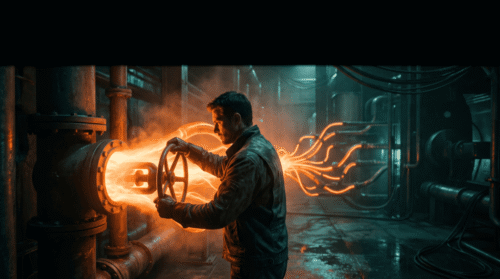 Industrial worker inspecting machinery with glowing pipes and sparks in factory setting.