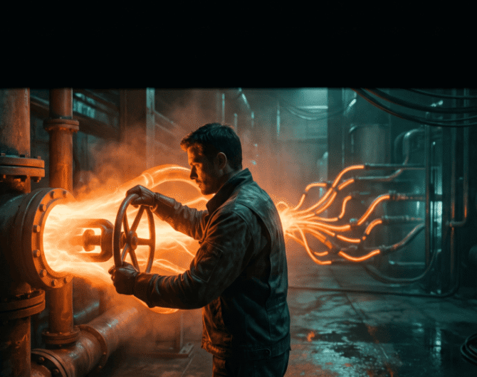 Industrial worker inspecting machinery with glowing pipes and sparks in factory setting.