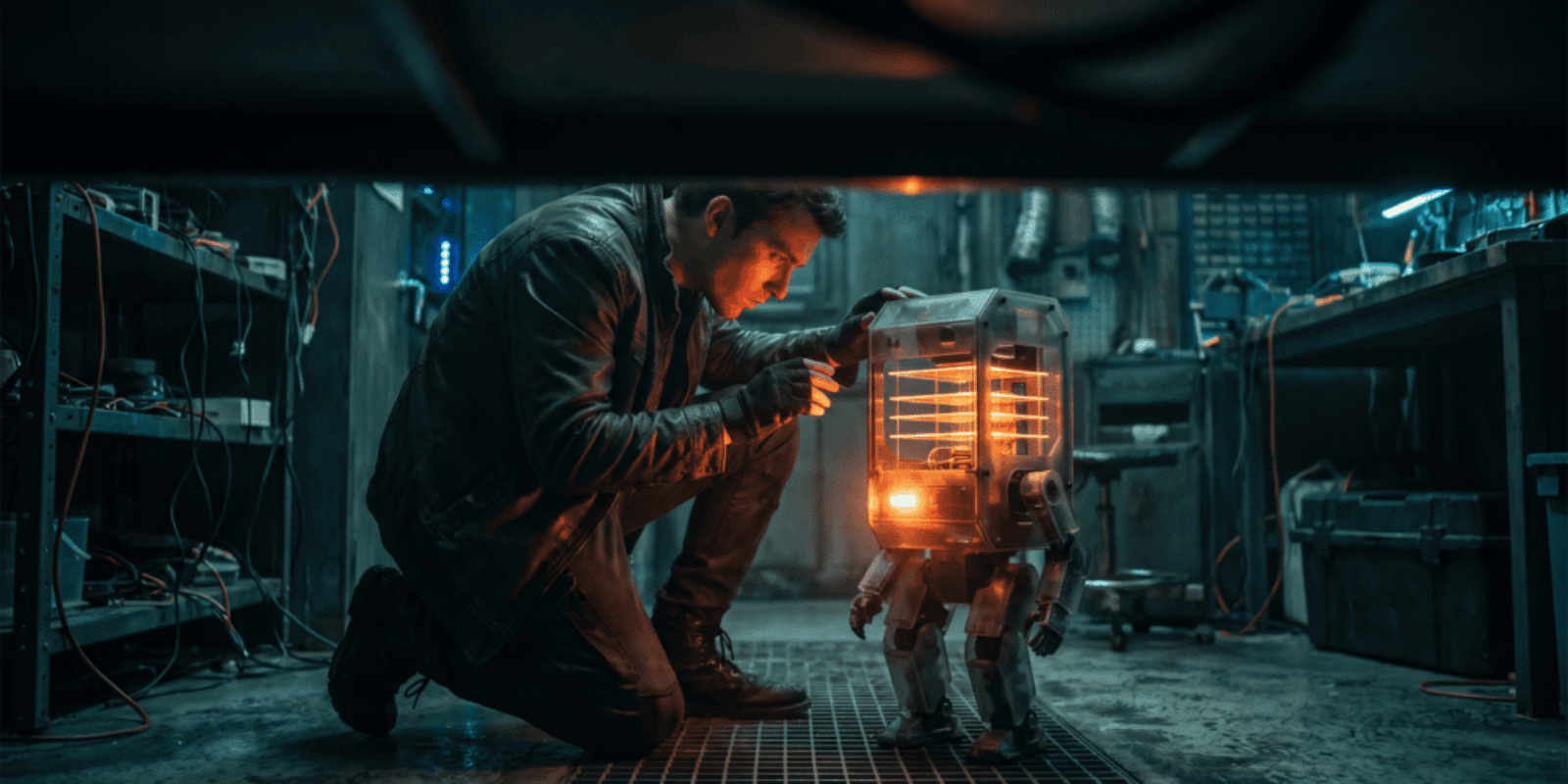 Engineer working on a robot in a high-tech lab environment.