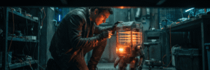 Engineer working on a robot in a high-tech lab environment.
