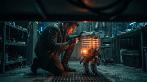 Engineer working on a robot in a high-tech lab environment.