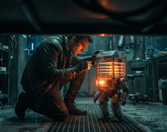 Engineer working on a robot in a high-tech lab environment.
