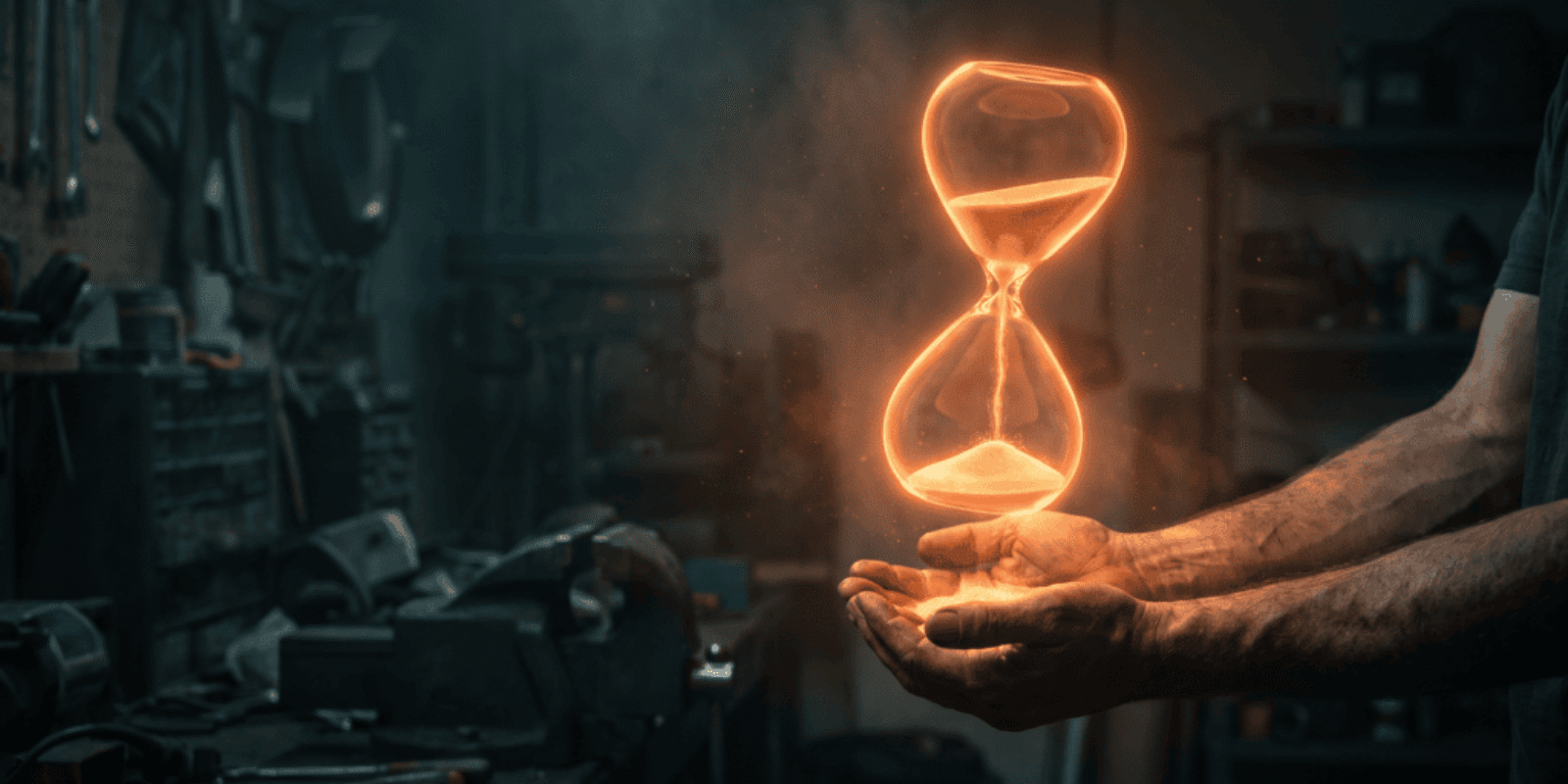 A person holding a glowing hourglass with digital and AI-inspired effects in a workshop.