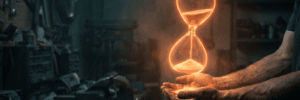 A person holding a glowing hourglass with digital and AI-inspired effects in a workshop.