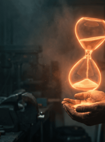 A person holding a glowing hourglass with digital and AI-inspired effects in a workshop.