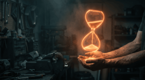 A person holding a glowing hourglass with digital and AI-inspired effects in a workshop.