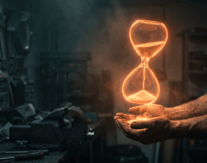 A person holding a glowing hourglass with digital and AI-inspired effects in a workshop.