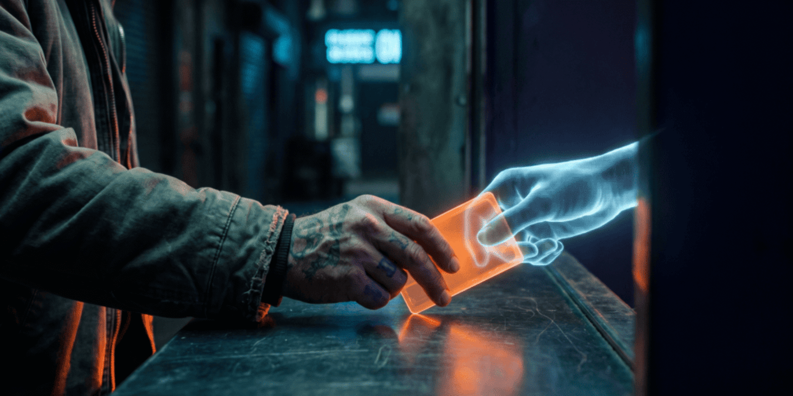 A business owner's hand slides a glowing orange keycard across a dark counter to a translucent holographic hand, a metaphor for a website declaring which actions an AI agent may take