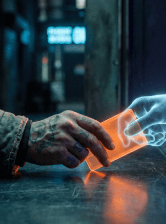 A business owner's hand slides a glowing orange keycard across a dark counter to a translucent holographic hand, a metaphor for a website declaring which actions an AI agent may take