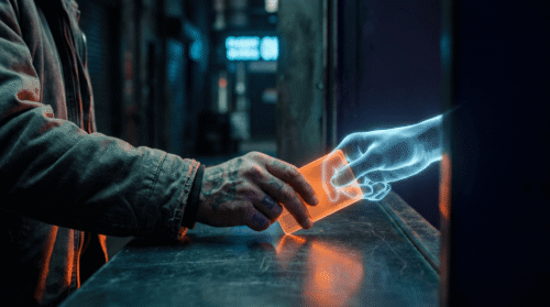 A business owner's hand slides a glowing orange keycard across a dark counter to a translucent holographic hand, a metaphor for a website declaring which actions an AI agent may take