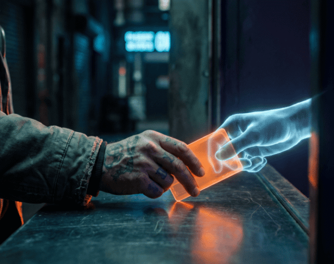 A business owner's hand slides a glowing orange keycard across a dark counter to a translucent holographic hand, a metaphor for a website declaring which actions an AI agent may take
