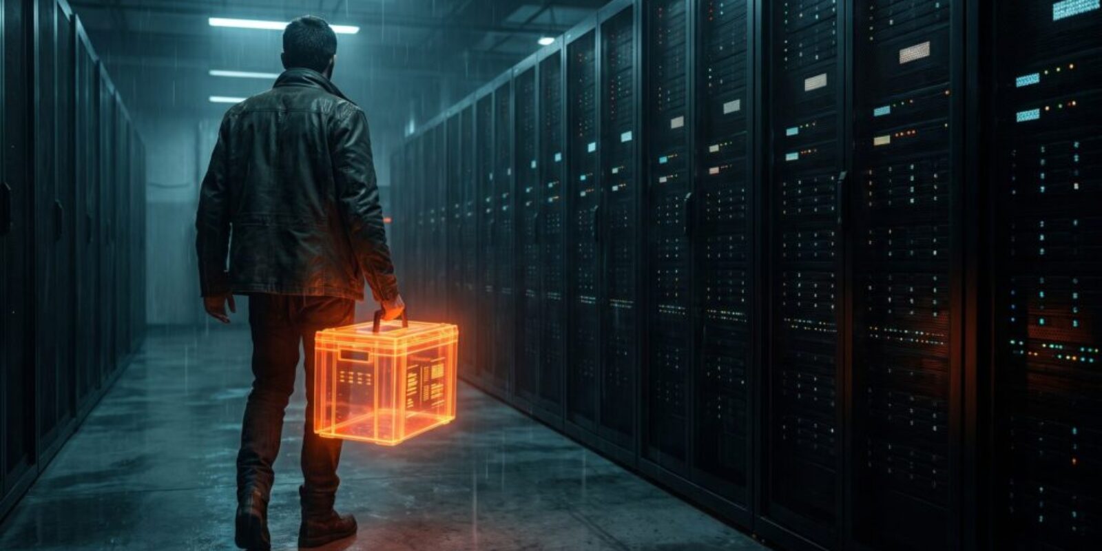 Person walking in data center holding a glowing digital cube.