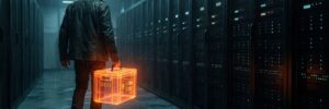 Person walking in data center holding a glowing digital cube.