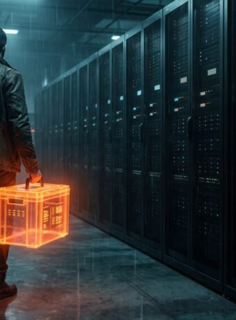 Person walking in data center holding a glowing digital cube.
