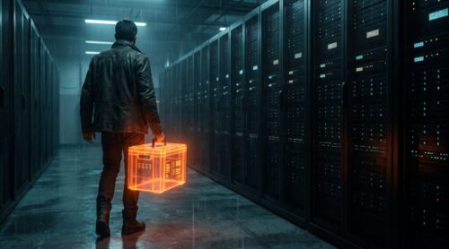 Person walking in data center holding a glowing digital cube.